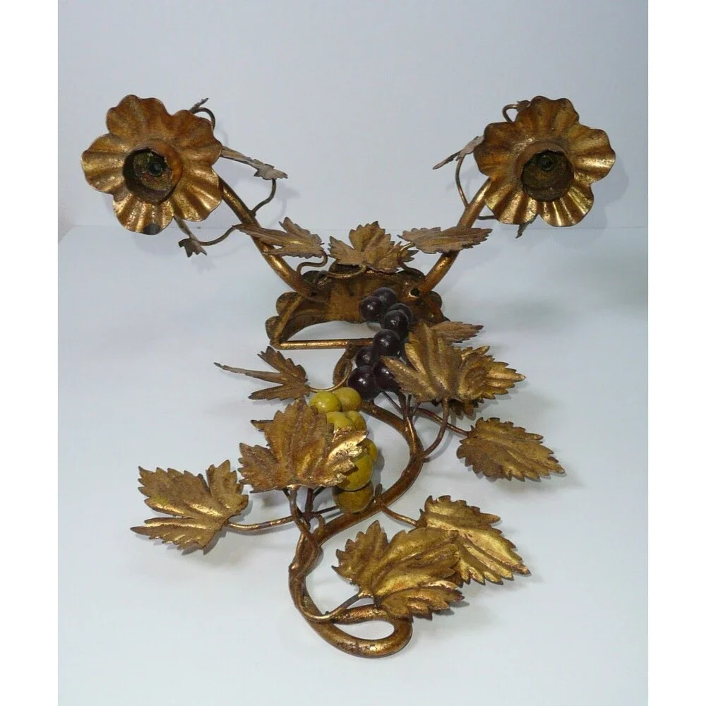 Vtg 2 Candle Sconce Italian Style Gold Grape Vine Gilt Metal Toleware Wall MCM